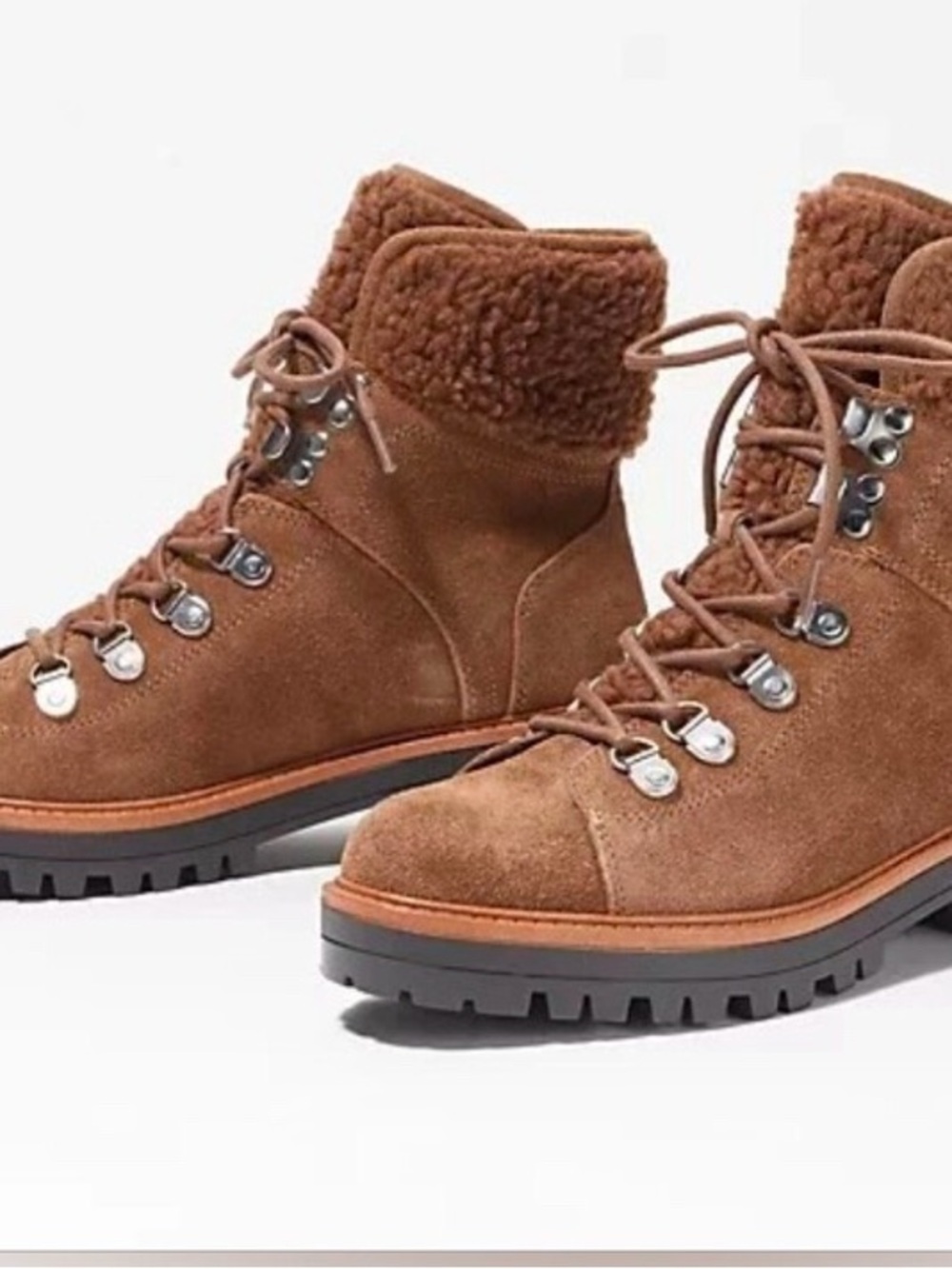 Marc Fisher Brown Suede Lace-Up Hiking Boots with Shearling Collar